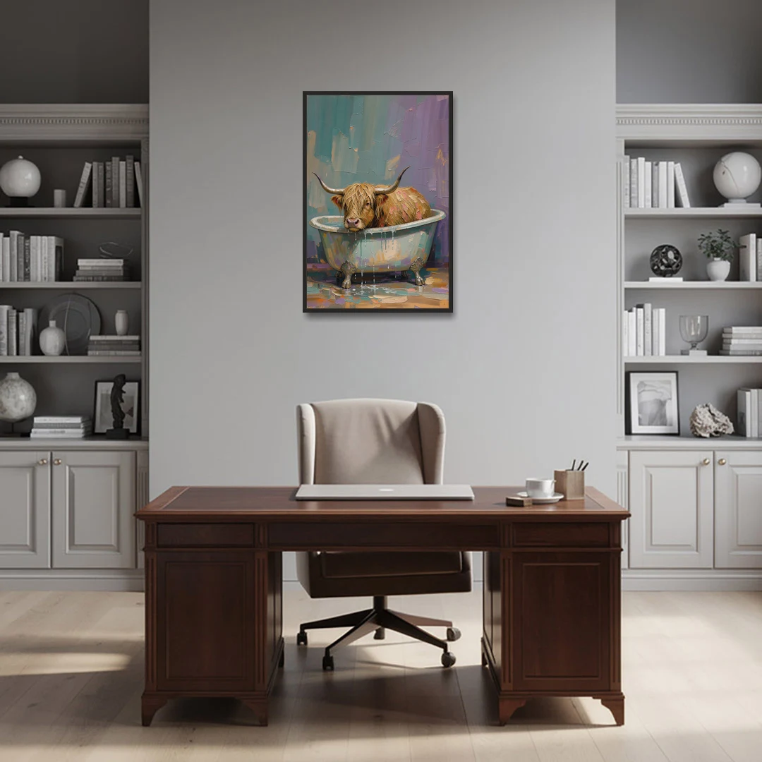 Highland Cow Bathroom Wall Art in a Too-Small Tub - Black Framed Canvas Wall Art - Office - 24x36