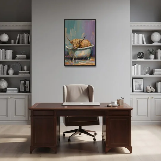 Highland Cow Bathroom Wall Art in a Too-Small Tub - Black Framed Canvas Wall Art - Office - 24x36
