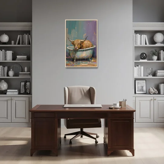Highland Cow Bathroom Wall Art in a Too-Small Tub - Oak Framed Canvas Wall Art - Office - 24x36