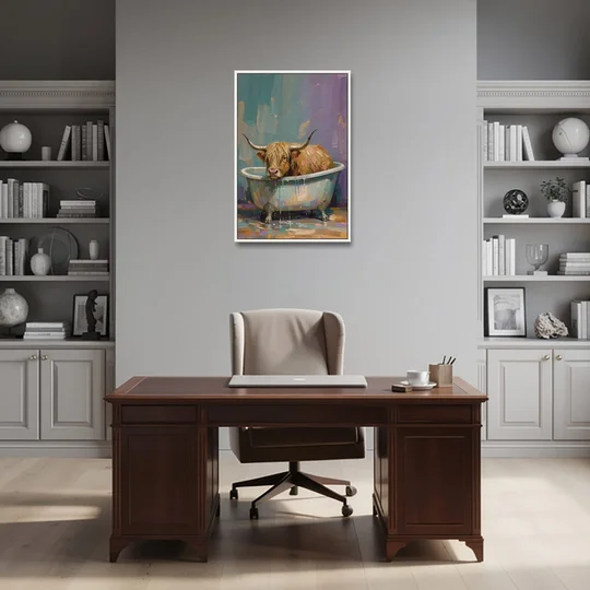 Highland Cow Bathroom Wall Art in a Too-Small Tub - White Framed Canvas Wall Art - Office - 24x36