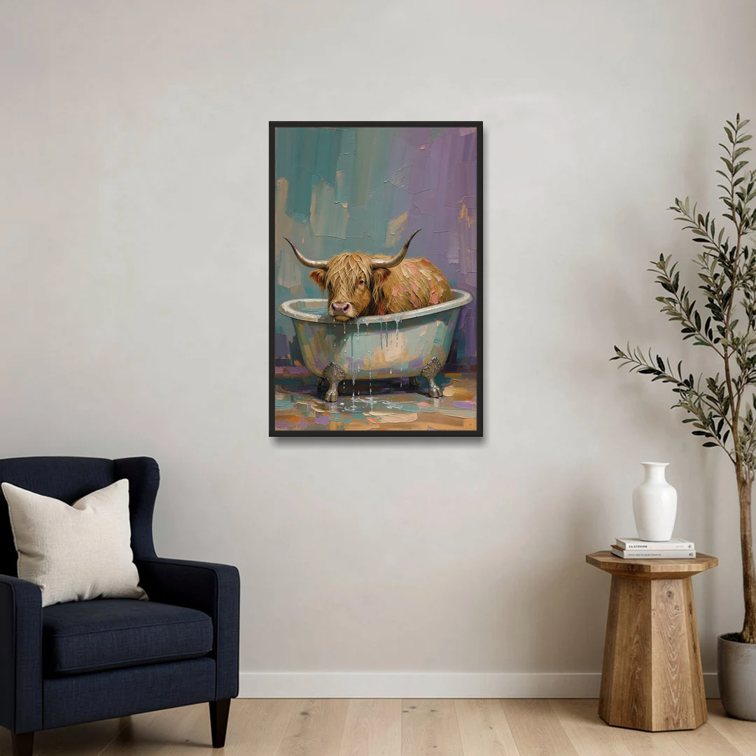 Highland Cow Bathroom Wall Art in a Too-Small Tub - Black Framed Canvas Wall Art - Sofa - 24x36