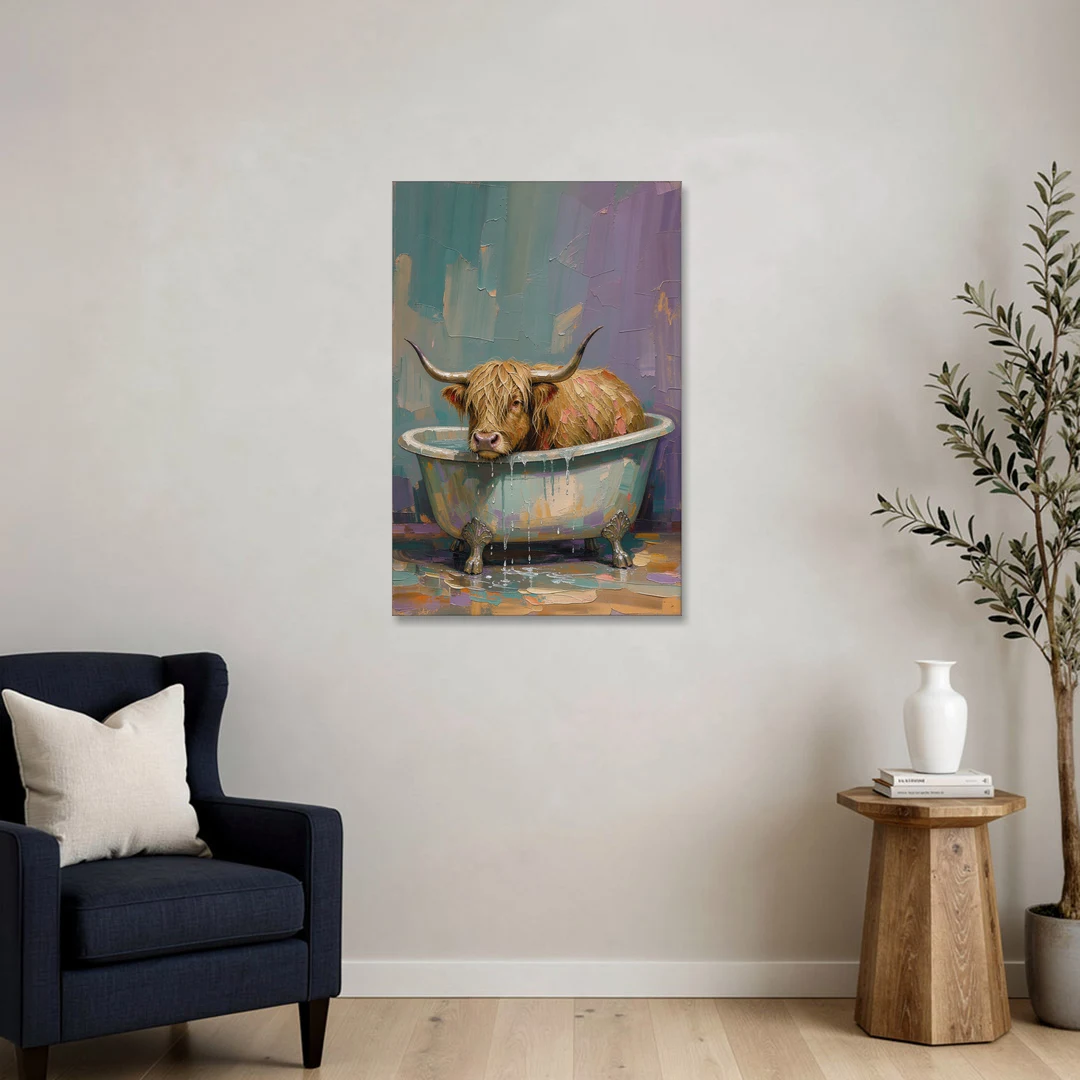 Highland Cow Bathroom Wall Art in a Too-Small Tub - Canvas Wall Art - Sofa - 24x36
