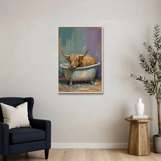 Highland Cow Bathroom Wall Art in a Too-Small Tub - Oak Framed Canvas Wall Art - Sofa - 24x36