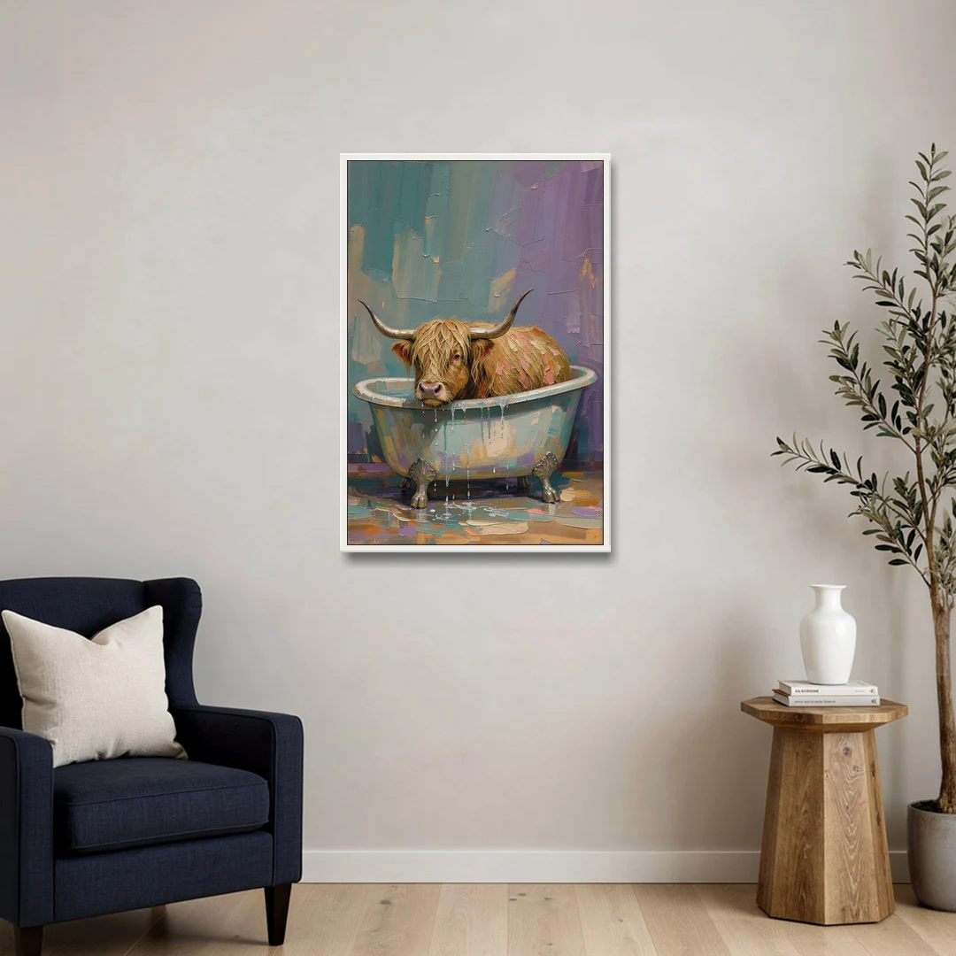 Highland Cow Bathroom Wall Art in a Too-Small Tub - White Framed Canvas Wall Art - Sofa - 24x36