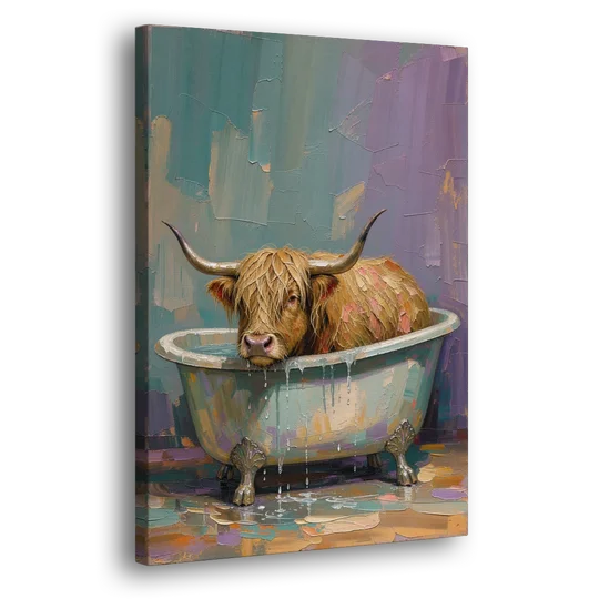 Highland Cow Bathroom Wall Art in a Too-Small Tub - Canvas Wall Art - Side