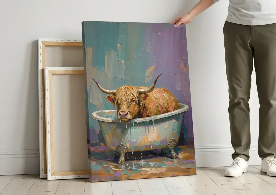 Highland Cow Bathroom Wall Art in a Too-Small Tub canvas wall art leaning against a wall next to blank canvases
