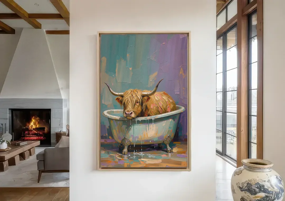 Highland Cow Bathroom Wall Art in a Too-Small Tub canvas wall art in a living room with a fireplace