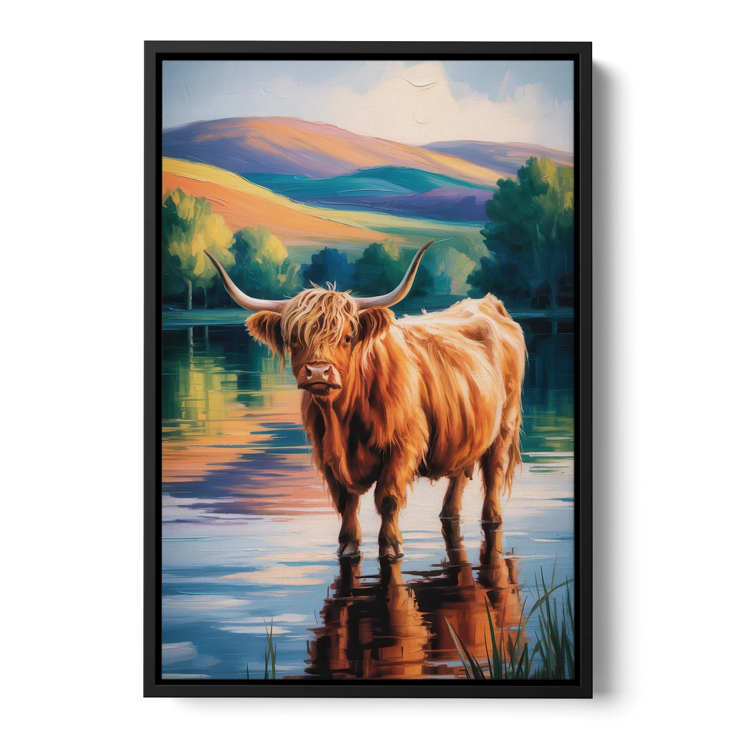 Highland Cow by the Lake - Black Framed Canvas Wall Art - Front