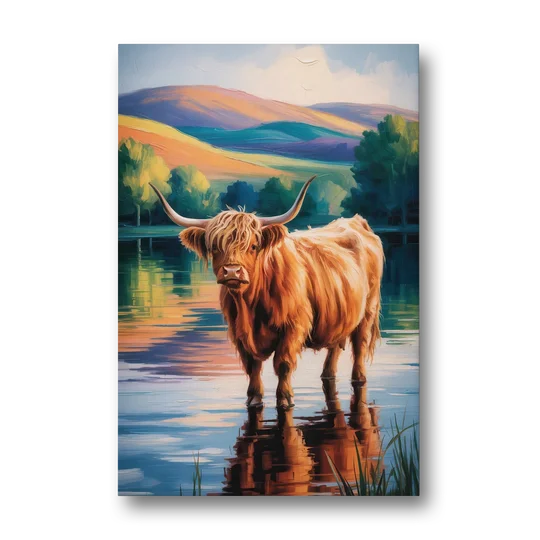 Highland Cow by the Lake - Canvas Wall Art - Front