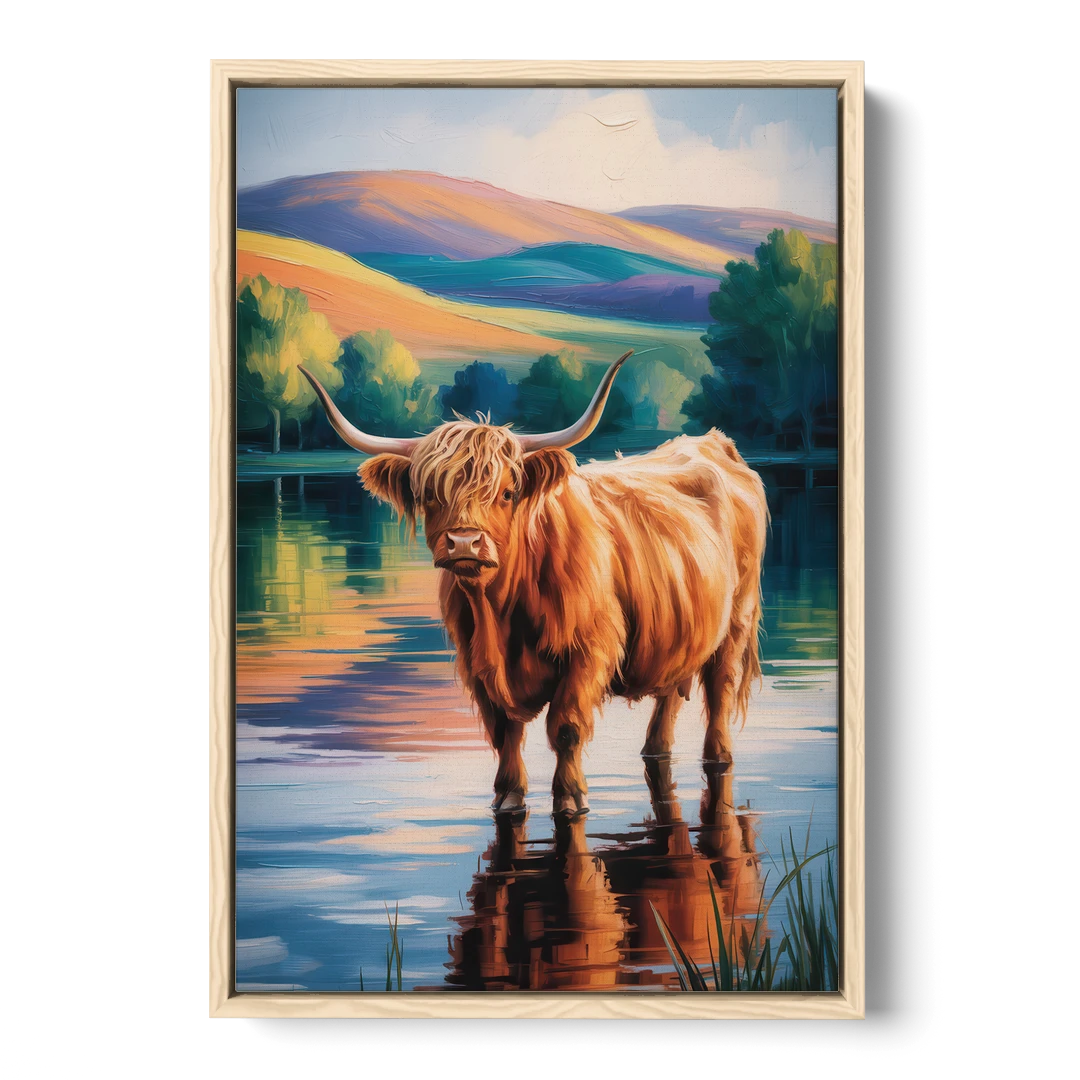 Highland Cow by the Lake - Oak Framed Canvas Wall Art - Front