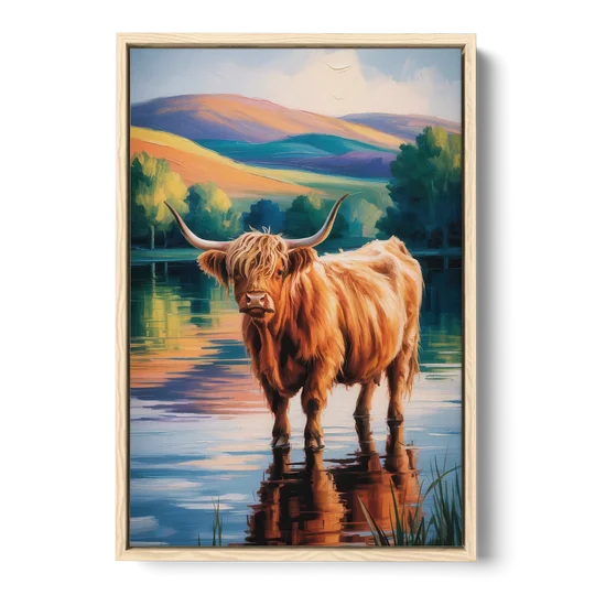 Highland Cow by the Lake - Oak Framed Canvas Wall Art - Front