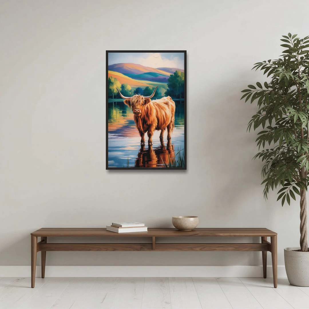 Highland Cow by the Lake - Black Framed Canvas Wall Art - Coffee Table - 24x36