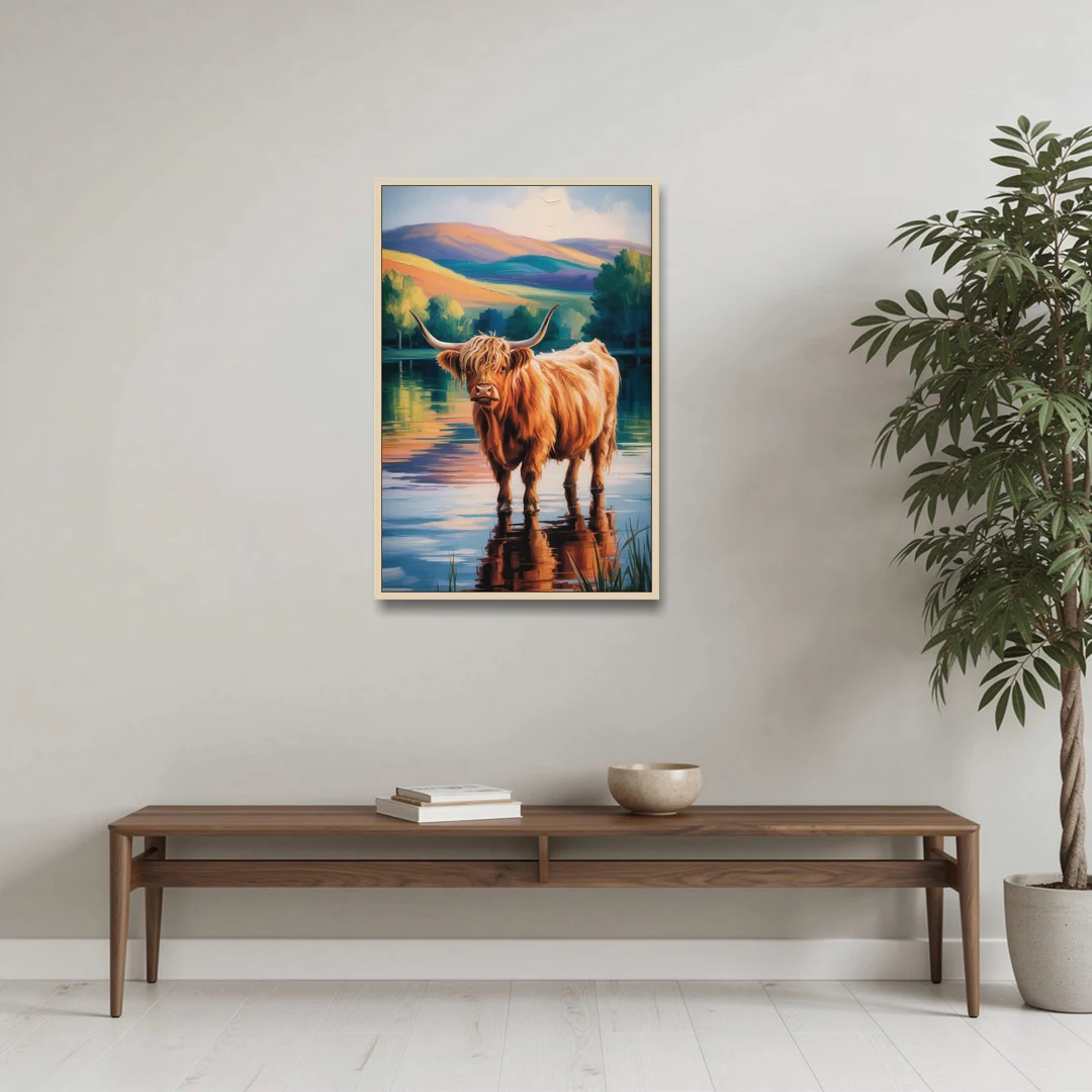 Highland Cow by the Lake - Oak Framed Canvas Wall Art - Coffee Table - 24x36
