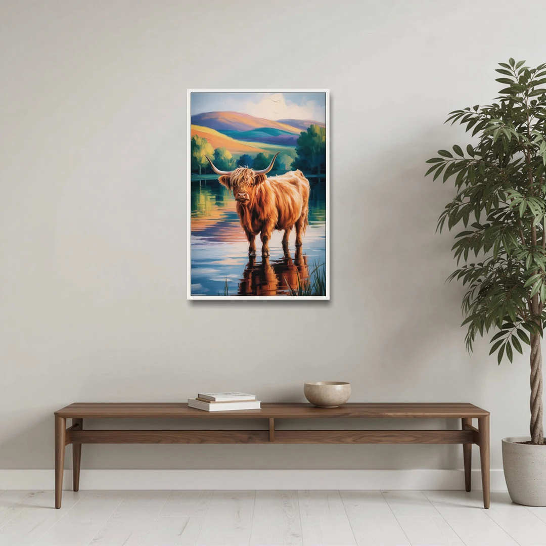 Highland Cow by the Lake - White Framed Canvas Wall Art - Coffee Table - 24x36