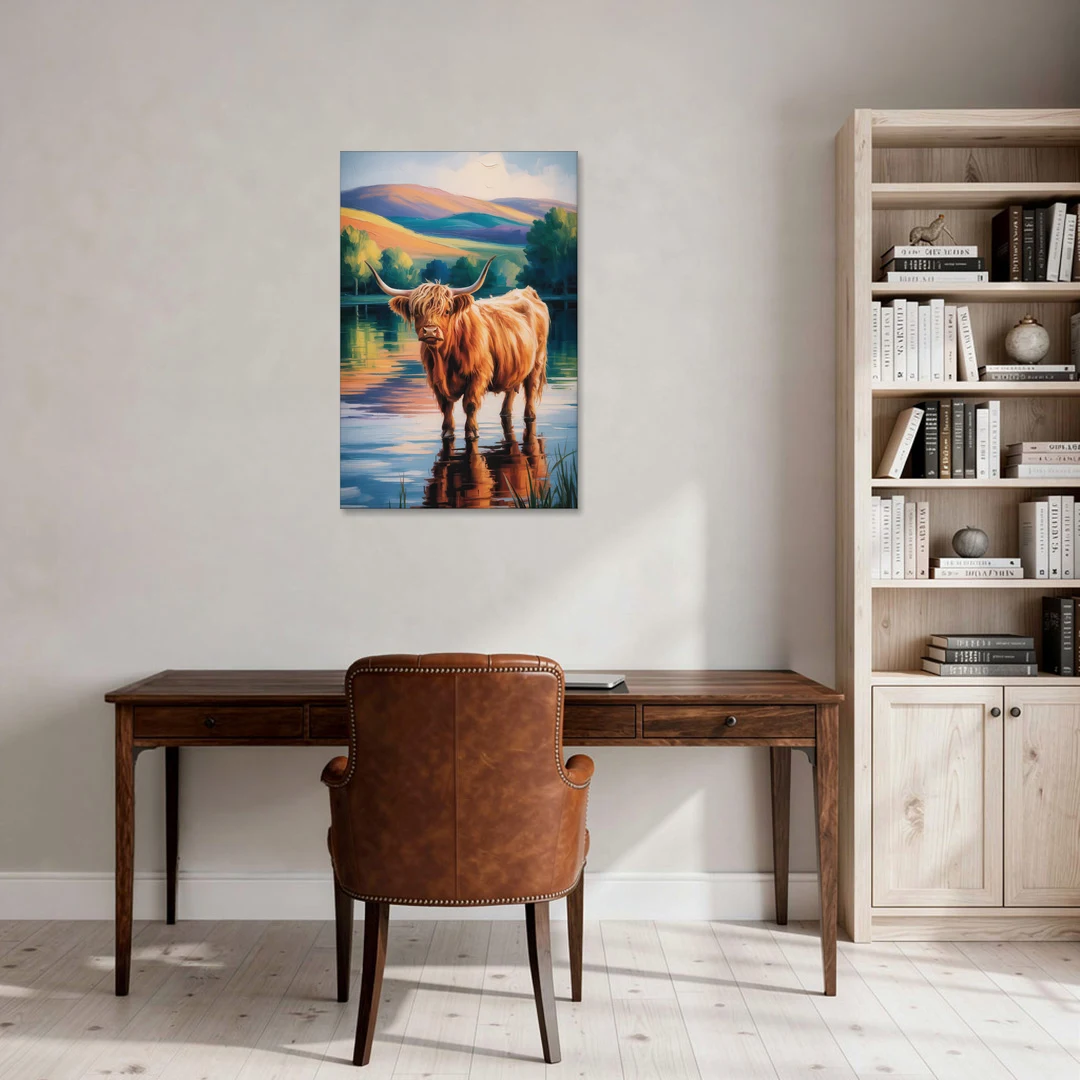 Highland Cow by the Lake - Canvas Wall Art - Office - 24x36