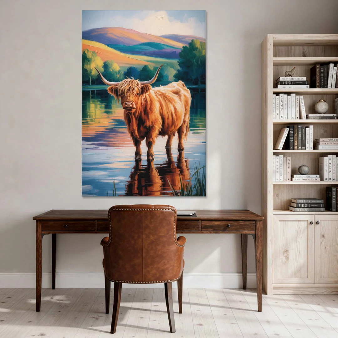 Highland Cow by the Lake - Canvas Wall Art - Office - 40x60