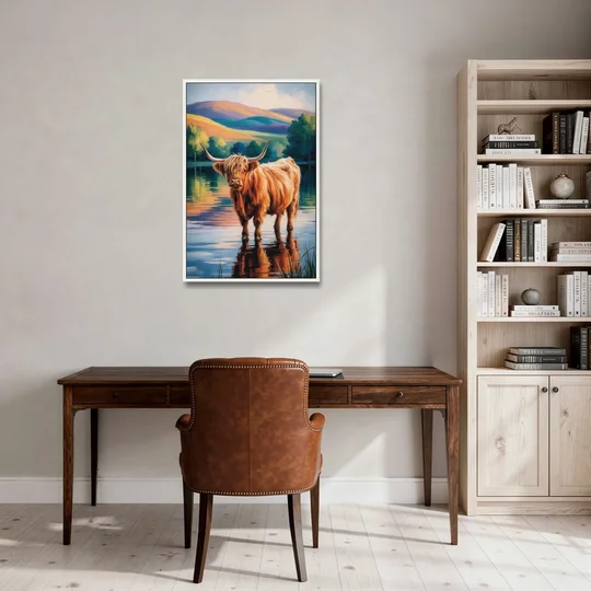 Highland Cow by the Lake - White Framed Canvas Wall Art - Office - 24x36