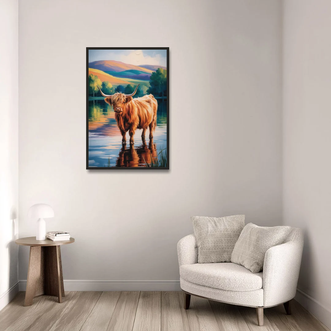 Highland Cow by the Lake - Black Framed Canvas Wall Art - Sofa - 24x36