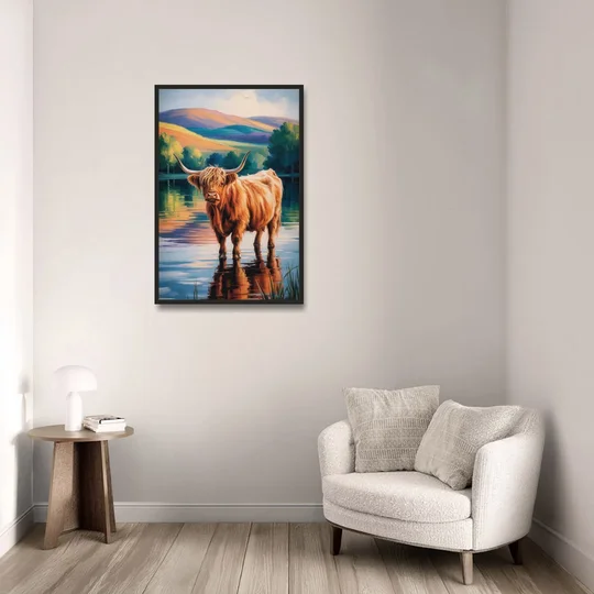 Highland Cow by the Lake - Black Framed Canvas Wall Art - Sofa - 24x36