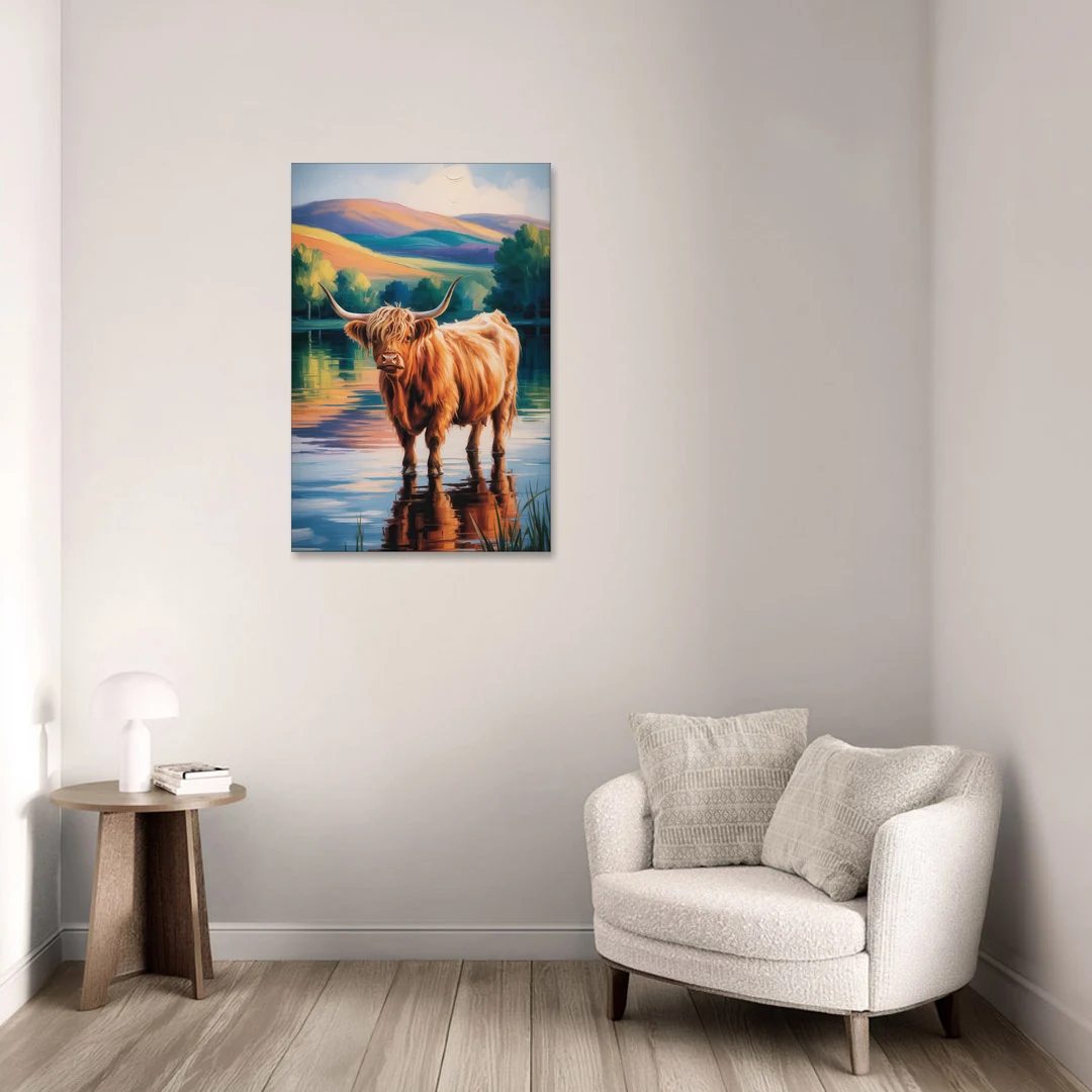Highland Cow by the Lake - Canvas Wall Art - Sofa - 24x36
