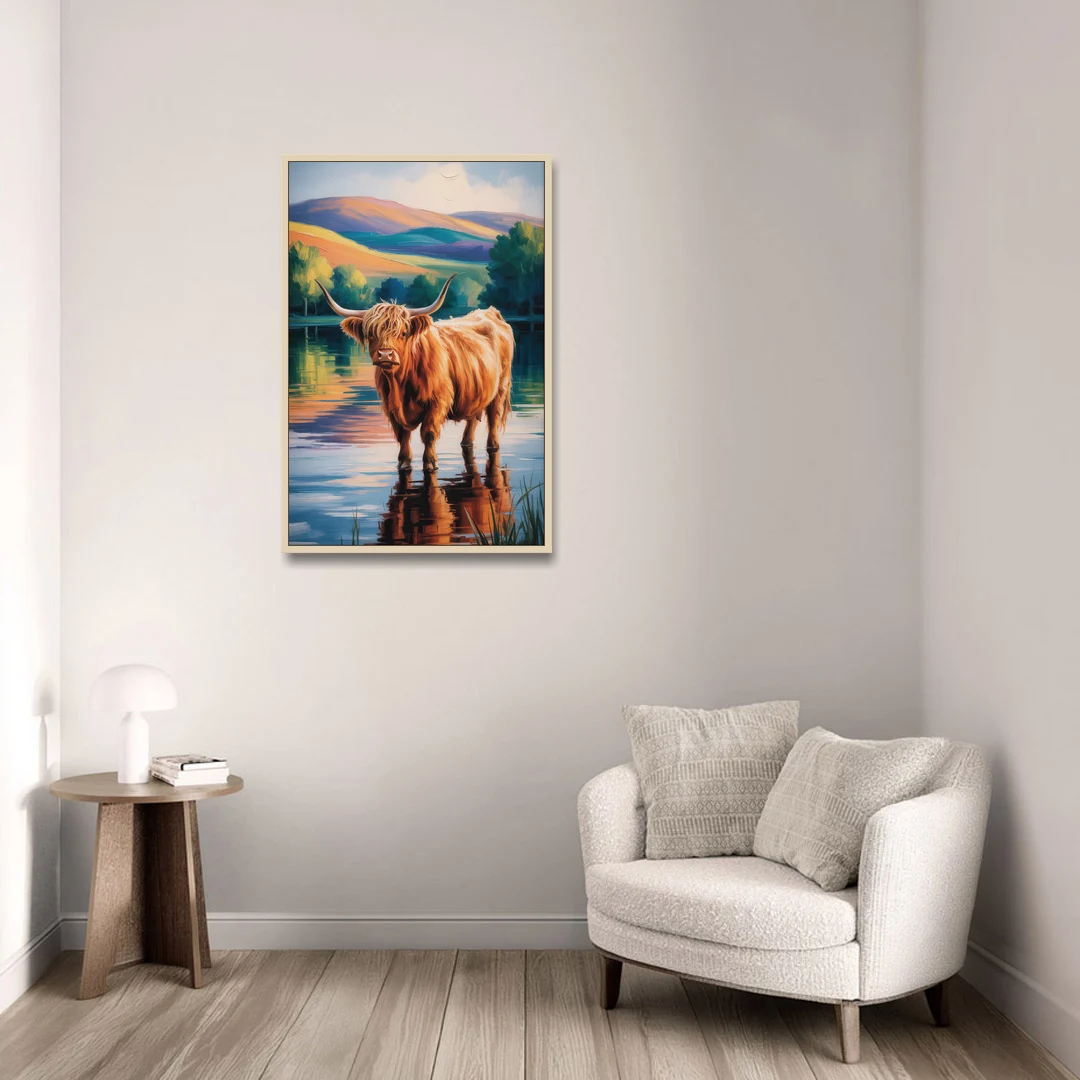 Highland Cow by the Lake - Oak Framed Canvas Wall Art - Sofa - 24x36