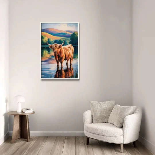 Highland Cow by the Lake - White Framed Canvas Wall Art - Sofa - 24x36