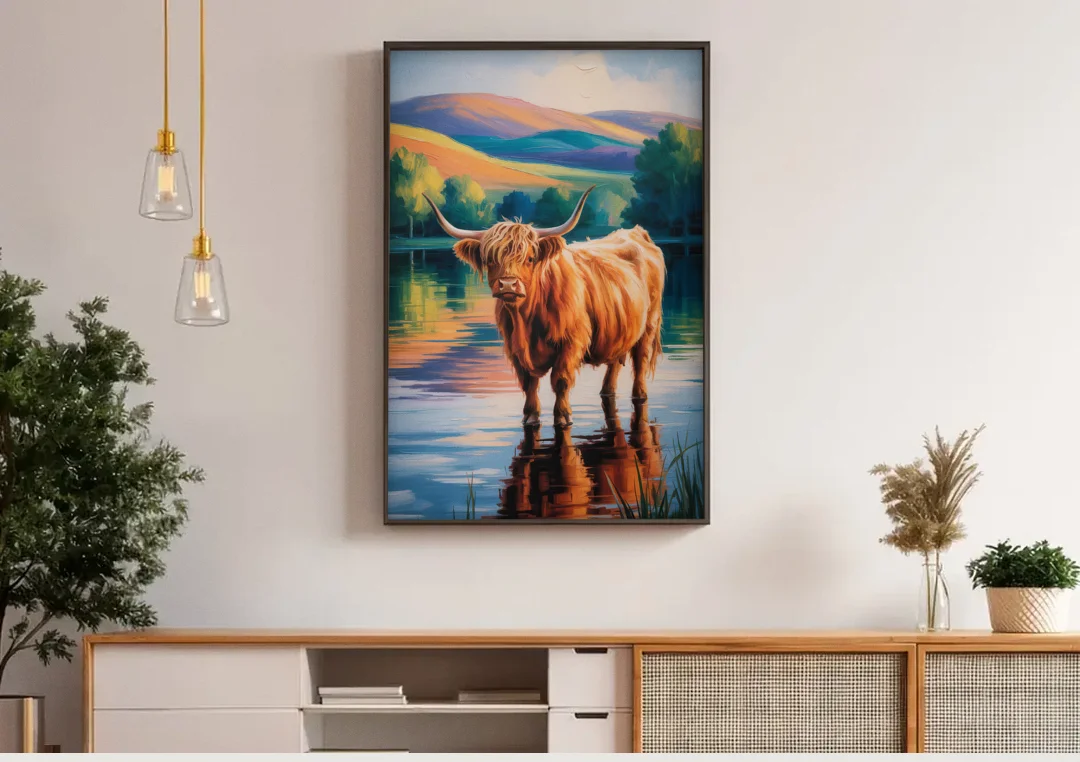 Highland Cow by the Lake canvas wall art above a wooden sideboard under pendant lights