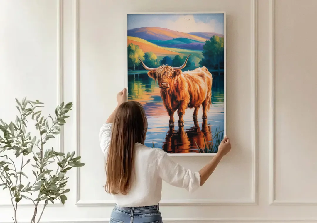 Highland Cow by the Lake canvas wall art being hung on a paneled wall