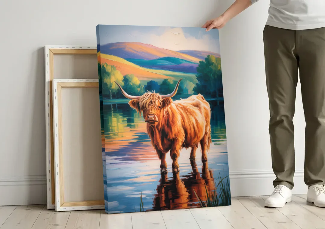 Highland Cow by the Lake canvas wall art leaning against a wall next to blank canvases