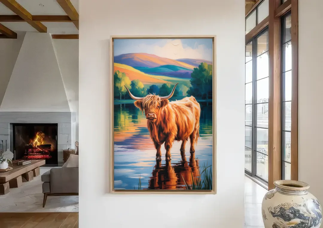 Highland Cow by the Lake canvas wall art in a living room with a fireplace