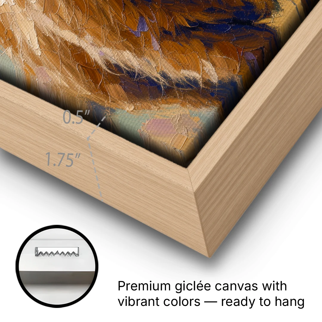 Highland Cow Canvas Painting in Autumn Wind - Oak Framed Canvas Wall Art - Gallery Wrap Corner