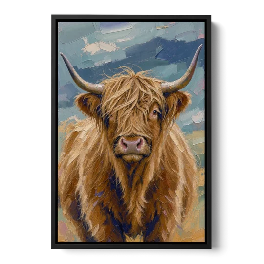 Highland Cow Canvas Painting in Autumn Wind - Black Framed Canvas Wall Art - Front