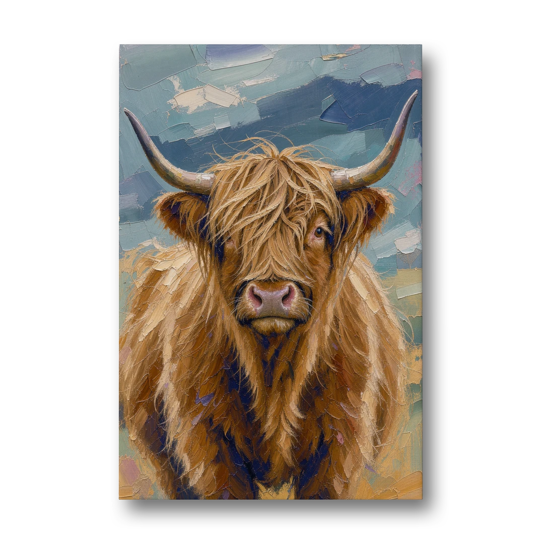 Highland Cow Canvas Painting in Autumn Wind - Canvas Wall Art - Front