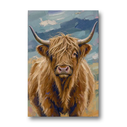 Highland Cow Canvas Painting in Autumn Wind - Canvas Wall Art - Front