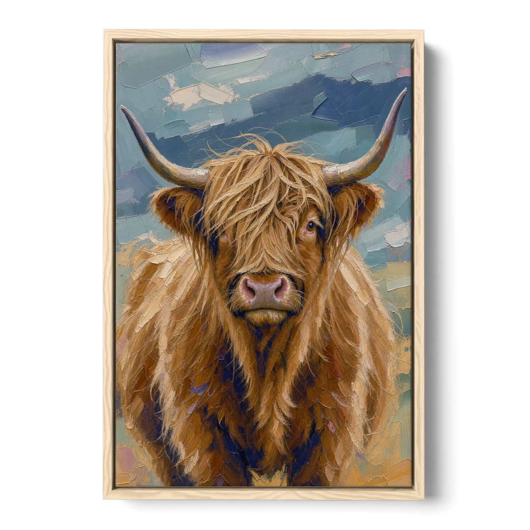 Highland Cow Canvas Painting in Autumn Wind - Oak Framed Canvas Wall Art - Front