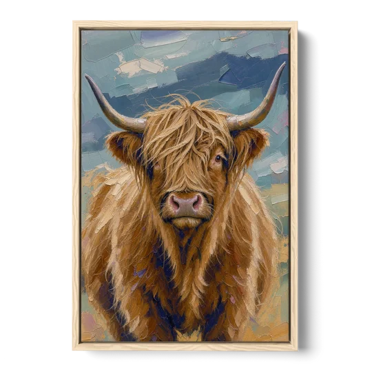 Highland Cow Canvas Painting in Autumn Wind - Oak Framed Canvas Wall Art - Front