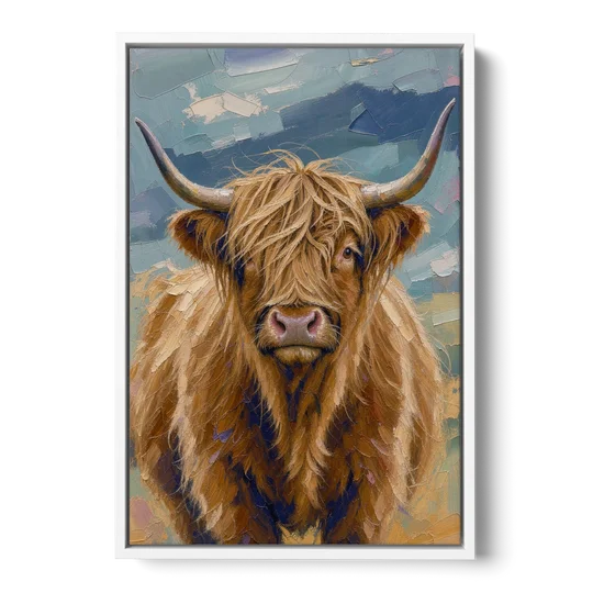 Highland Cow Canvas Painting in Autumn Wind - White Framed Canvas Wall Art - Front