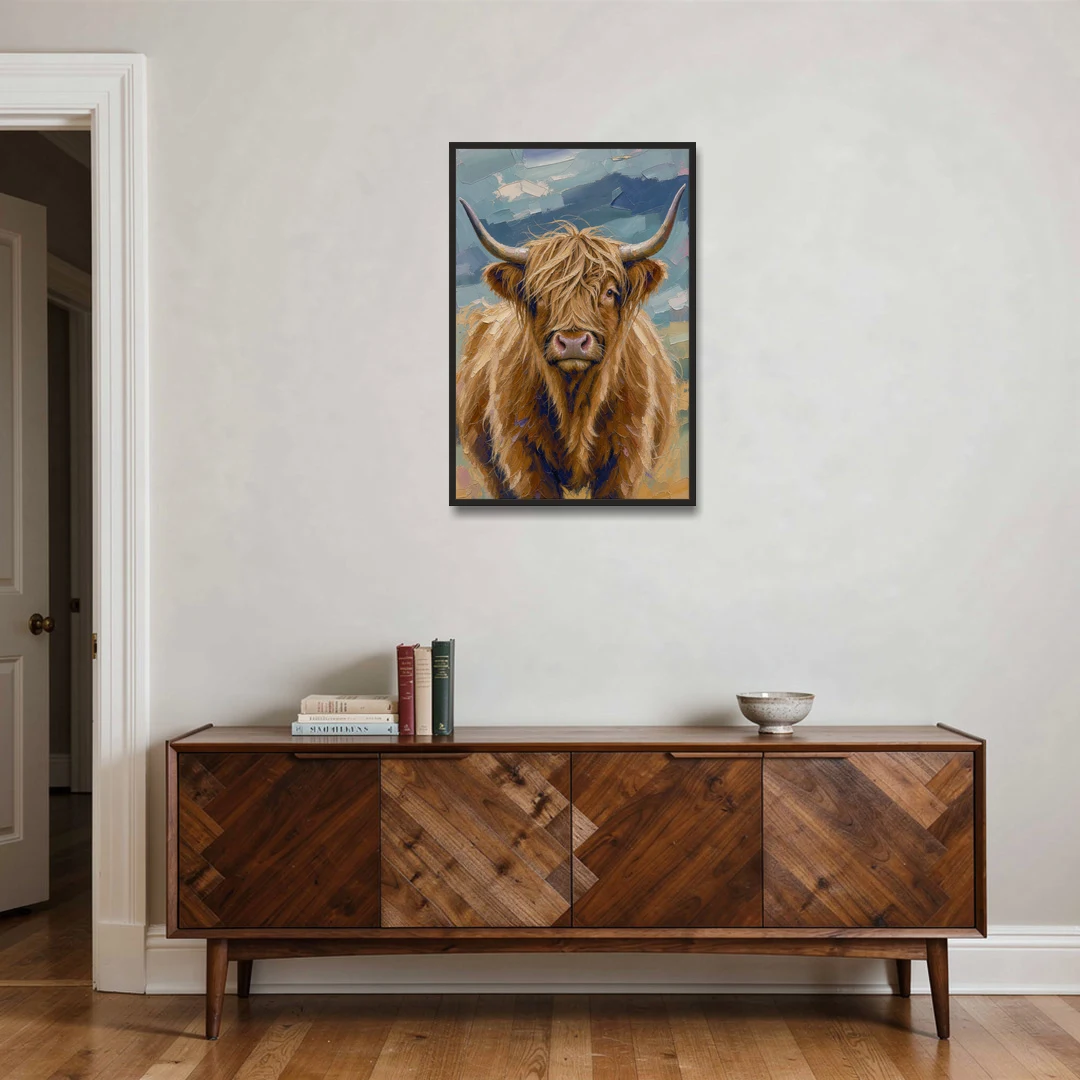 Highland Cow Canvas Painting in Autumn Wind - Black Framed Canvas Wall Art - Coffee Table - 24x36