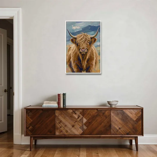 Highland Cow Canvas Painting in Autumn Wind - White Framed Canvas Wall Art - Coffee Table - 24x36