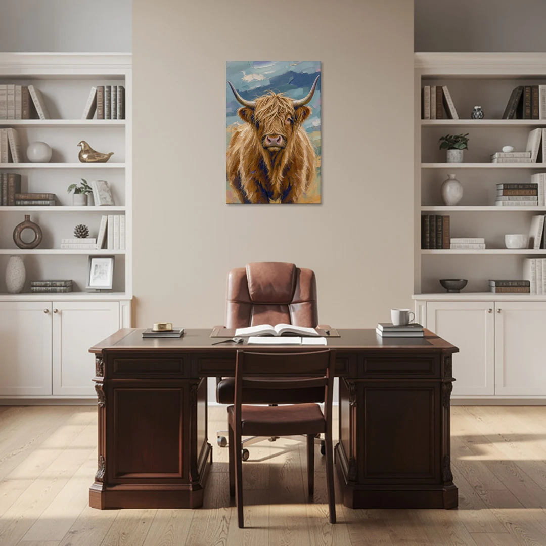 Highland Cow Canvas Painting in Autumn Wind - Canvas Wall Art - Office - 24x36
