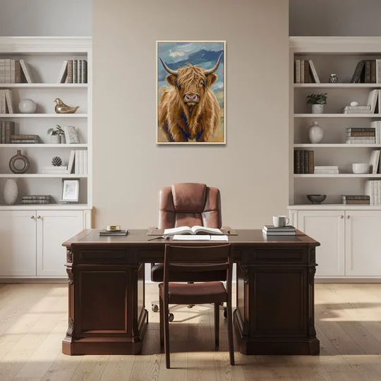 Highland Cow Canvas Painting in Autumn Wind - Oak Framed Canvas Wall Art - Office - 24x36