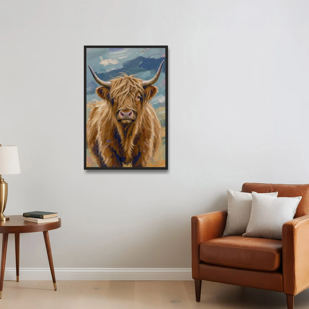 Highland Cow Canvas Painting in Autumn Wind - Black Framed Canvas Wall Art - Sofa - 24x36