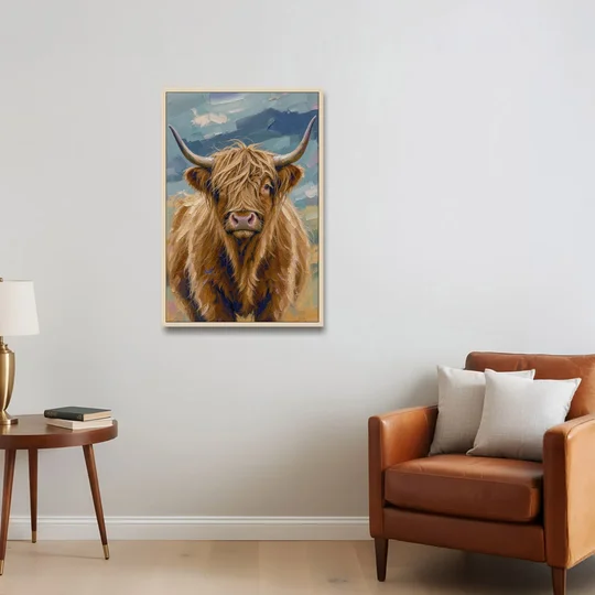Highland Cow Canvas Painting in Autumn Wind - Oak Framed Canvas Wall Art - Sofa - 24x36