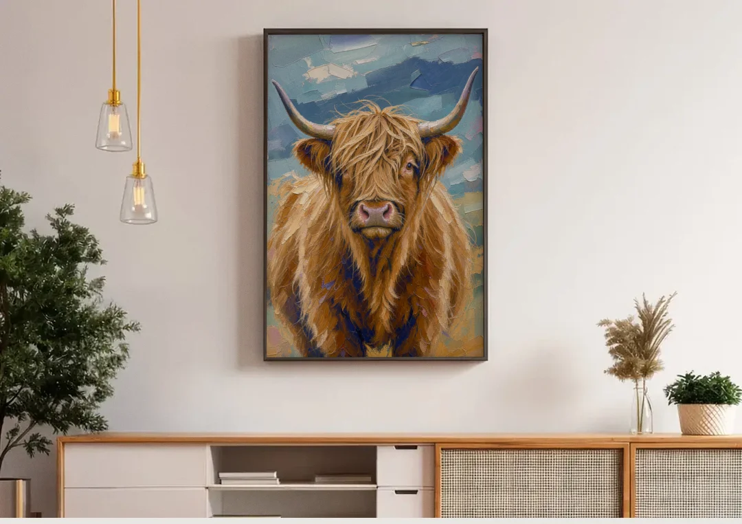 Highland Cow Canvas Painting in Autumn Wind canvas wall art above a wooden sideboard under pendant lights