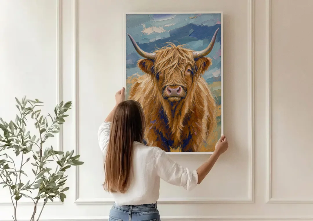 Highland Cow Canvas Painting in Autumn Wind canvas wall art being hung on a paneled wall