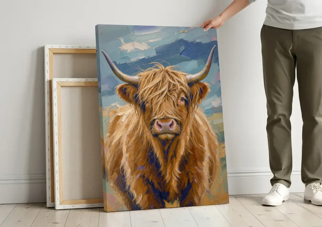 Highland Cow Canvas Painting in Autumn Wind canvas wall art leaning against a wall next to blank canvases