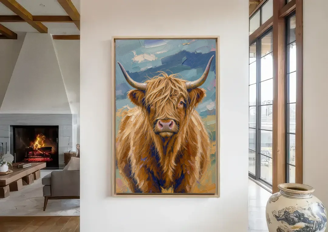 Highland Cow Canvas Painting in Autumn Wind canvas wall art in a living room with a fireplace