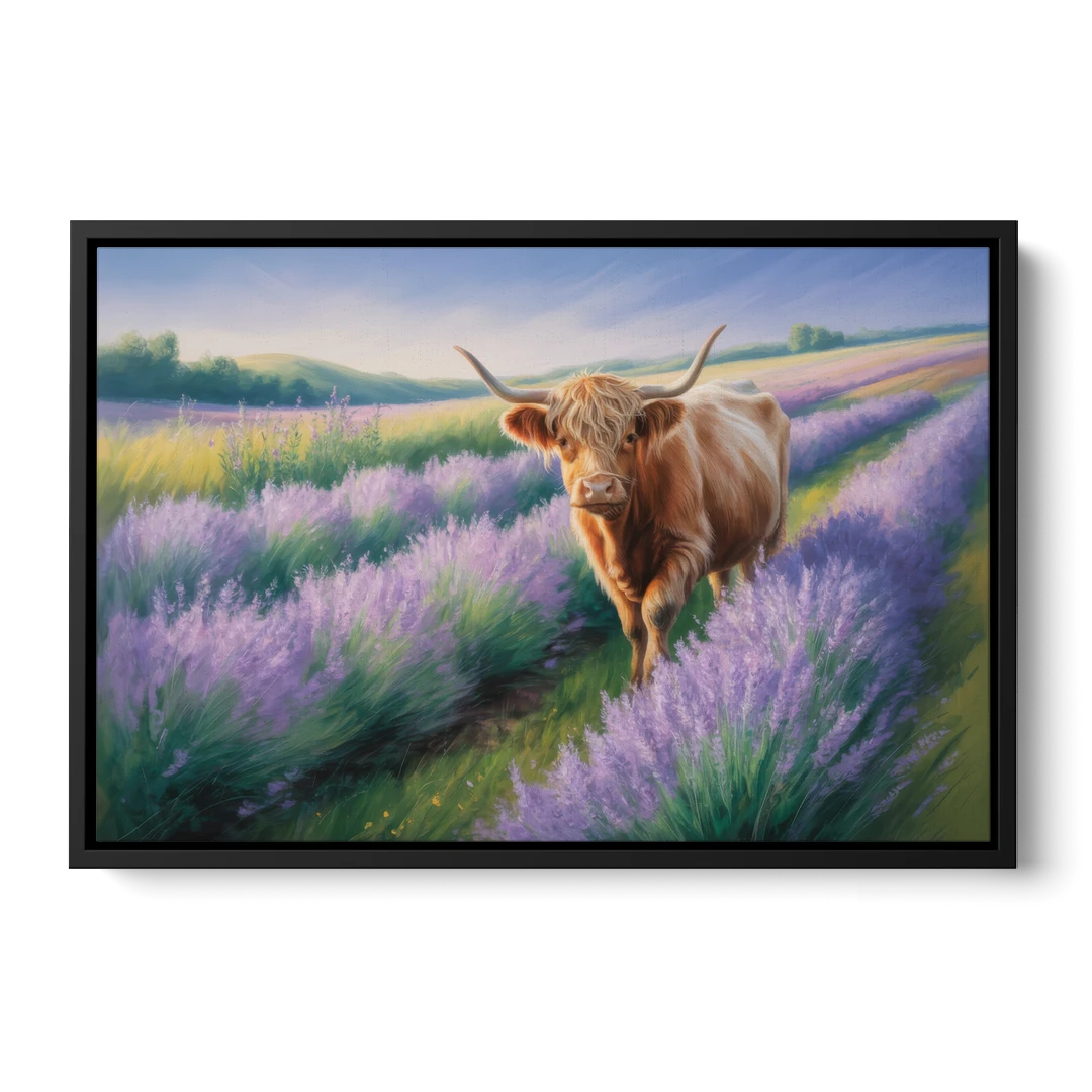 Highland Cow in Lavender Field - Black Framed Canvas Wall Art - Front