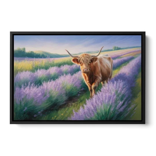 Highland Cow in Lavender Field - Black Framed Canvas Wall Art - Front
