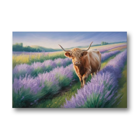 Highland Cow in Lavender Field - Canvas Wall Art - Front